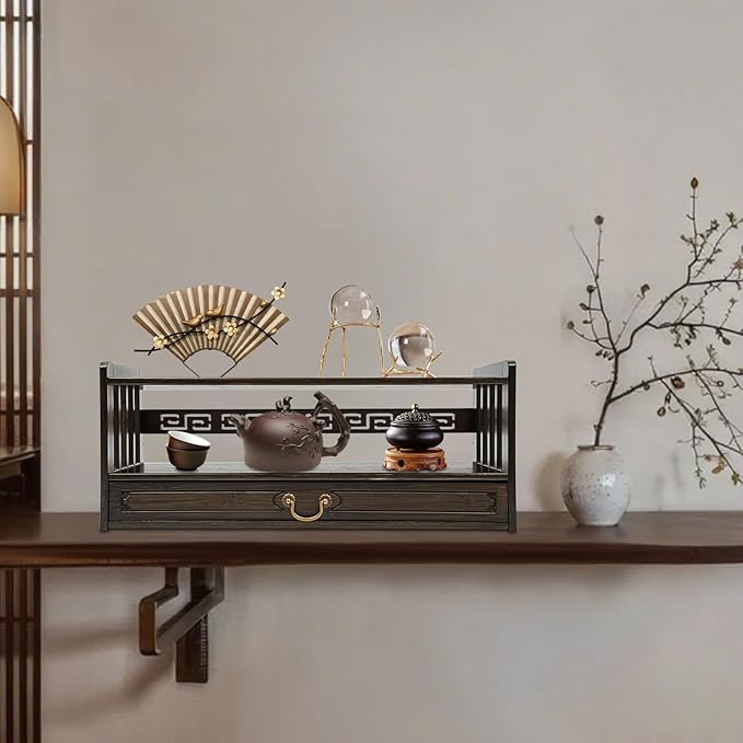 Floor Table Low 2-Tier Meditation Altar Table with Drawers Bamboo Coffee Table Desktop Organizer for Japanese Tatami Chinese Asia, Prayers, Displaying Jars/Plants/Books-27.2*9.8*11in (Walnut Color)