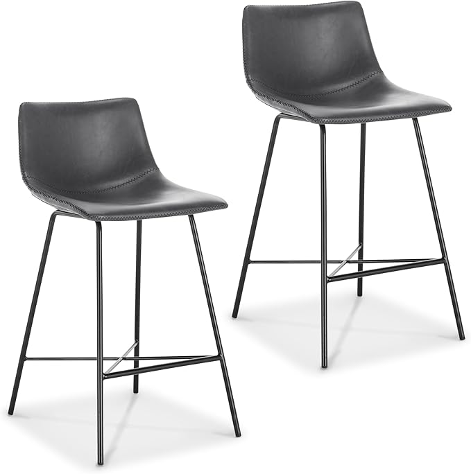POLY & BARK Paxton Leather Counter Stools 24 Inches - Set of 2 - Counter Height Bar Stools with Back - Modern Barstools for Kitchen Island or Counters - Faux Leather & Matte Black Steel Base - Gray