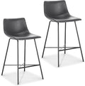 POLY & BARK Paxton Leather Counter Stools 24 Inches - Set of 2 - Counter Height Bar Stools with Back - Modern Barstools for Kitchen Island or Counters - Faux Leather & Matte Black Steel Base - Gray