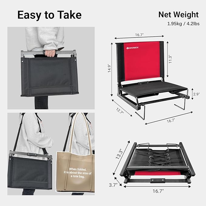 KINGROCK Stadium Chair for Bleachers with Back Support Portable Folding Bleacher Seat Cushion Padded Backrest 2 Hooks Lightweight for Sports Games Concert