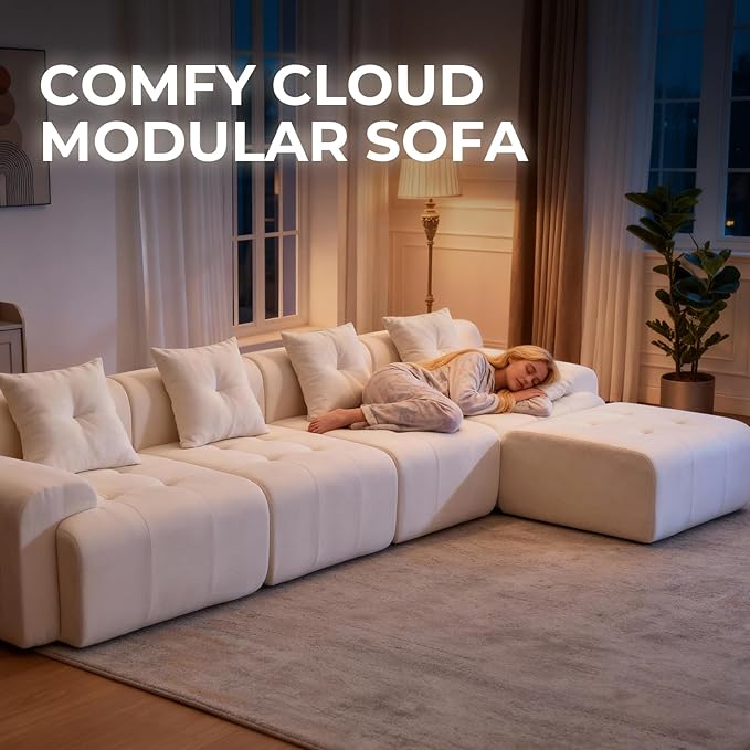 YAAREE 101.65” Modular Sectional Couch for Living Room, Modren L-Shape Cloud Sectional 3-Seater Sofa with Movable Ottoman, Woven Texture Upholstery Boneless Couch, No Assembly Grey, Beige
