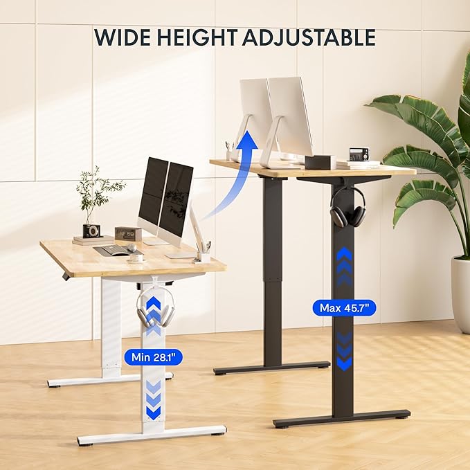 FLEXISPOT EN1 One-Piece Solid Wooden Standing Desk 55 x 24 Inches Height Adjustable Electric Sit Stand Home Office Desks (Silver Frame + Rubber Wood Top, 2 Packages)