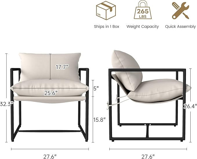 Kromax Sling Accent Chair, Cozy Living Room Chairs, Square Metal Frame, Upholstered Soft Cushion, Sponge, 28" x28“x32, Easy Assembly, Beige