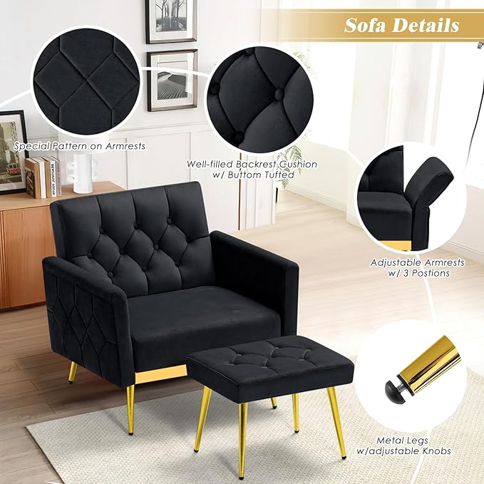 ACMEASE Velvet Accent Chair w/Adjustable Armrests and Backrests, Tufted Single Sofa with Ottoman, Upholstered Reading Chiar for Living Room, Apartment, Bedroom, Black