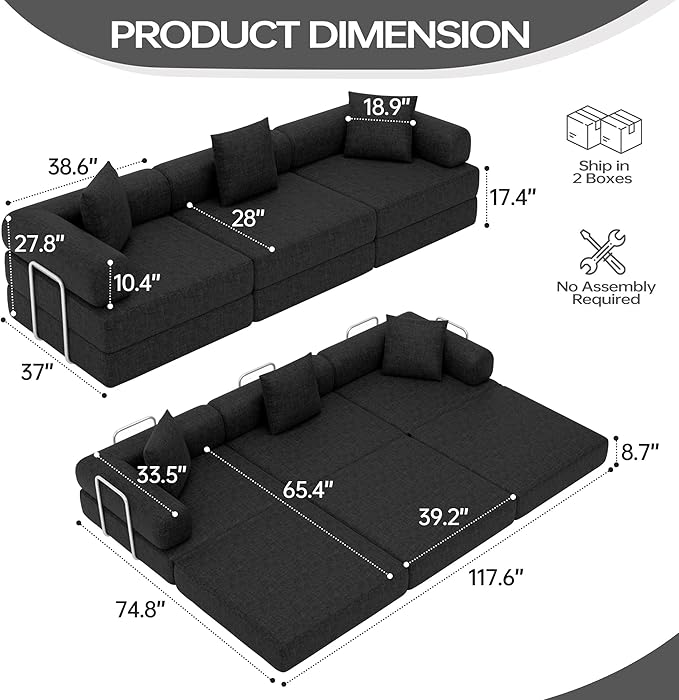 DURASPACE 117.6'' Convertible Folding Sofa Bed, Floor Sleeper Sofa Couch with Fixed-Shape Frame, Oversized Modular Sectional Couch for Living Room, No Assembly Required (Chenille Black)