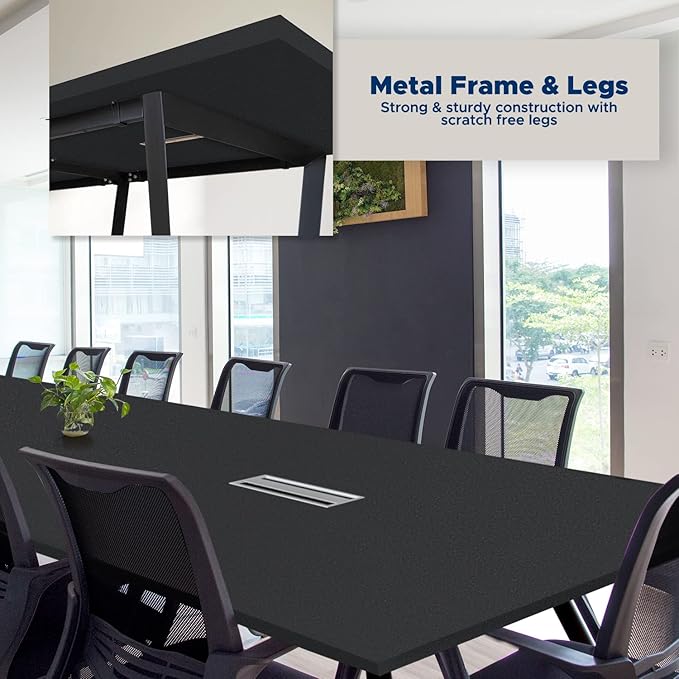 ahliss Sturdy Conference Table with Cable Management Grommets Modern Rectangle Office Meeting Table with Wood Tabletop and Metal Frame & Legs- Easy Assembly Boardroom Table (Black, 12 Foot)