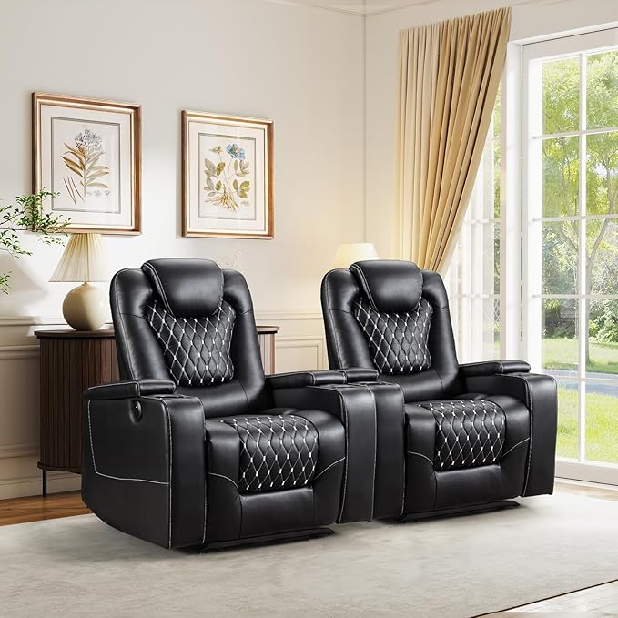 ANJ Power Recliner Chair with USB Ports and Cup Holders - Overstuffed Electric Home Theater Seating PU Leather Reclining Furniture with Hidden Arm Storage, Easy to Clean (Set of 2, Black)