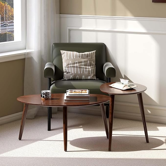 Wayshome Small Oval Coffee Table, Mid Century Modern Coffee Table for Living Room, 100% Solid Oak Wood Side Table End Tables for Home (Walnut Wood Color, 33.46''x22.83''x15.74'')