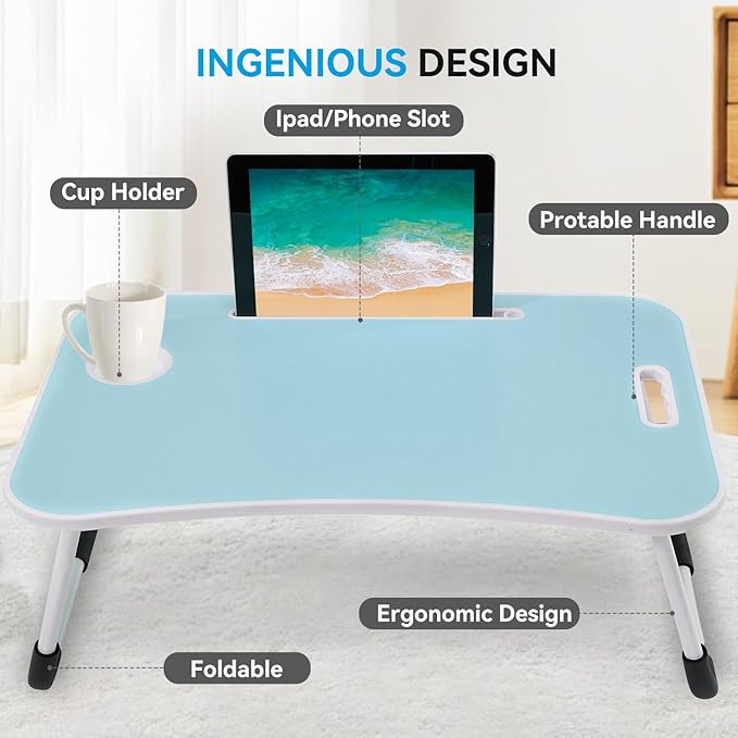 BUYIFY Folding Lap Desk, 23 Inch Portable Wood Blue Laptop Bed Desk Lap Desk with Cup Holder, for Working Reading Writing, Eating, Watching Movies for Bed Sofa Couch Floor- new005 Blue