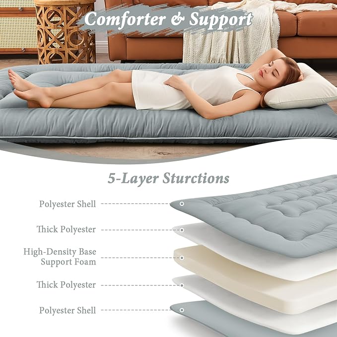 DAICO Japanese Floor Mattress, 4'' Thicken Futon Mattress Tatami Mat, Sleeping Pad Foldable Roll Up Mat for Camping and Guest Room, Twin Size 39''*80'', Grey