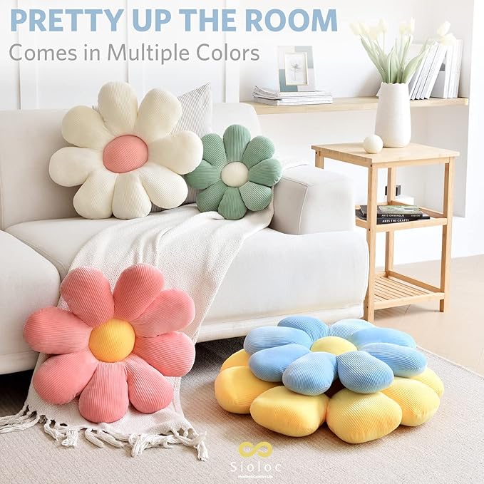 Sioloc Flower Pillow, Shaped Throw Pillow Butt Cushion Floor Seating Cushion, Cute Room Decor & Plush Pillow for Bedroom Sofa Chair (Blue, 23.6" )