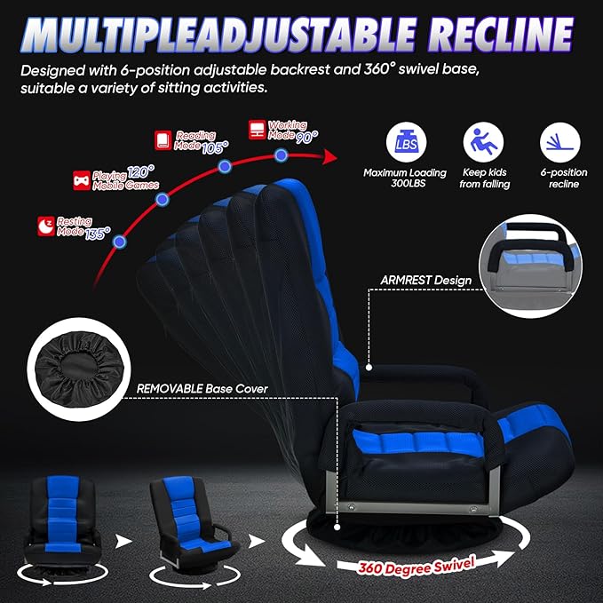Swivel Gaming Chair 360 Degree Multipurpose 2PACK Floor Chair w/Armrest & 6 Adjustable Postions Backrest for Adults & Kids, for Reading, Gaming, Watching, Relaxing, Blue