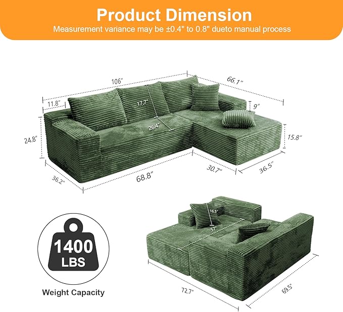 106'' Boneless Couches for Living Room, L Shaped Modular Sectional Sofa with Chaise Lounge, Faux Rabbit Fur Layered Cushion Deep Seat Cloud Couch, No Assembly (Green, 106 L Shaped Right Facing Chaise)