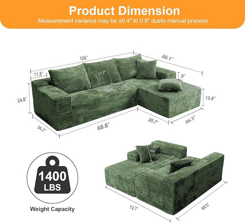 106'' Boneless Couches for Living Room, L Shaped Modular Sectional Sofa with Chaise Lounge, Faux Rabbit Fur Layered Cushion Deep Seat Cloud Couch, No Assembly (Green, 106 L Shaped Right Facing Chaise)