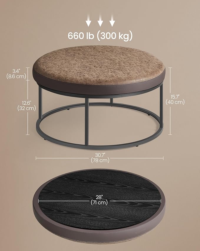 SONGMICS HOME LUIZ Collection - Ottoman, Round Coffee Table, Footstool, Reversible Top, Padded Seat, Side Table, Minimalist, Steel Frame, Max. Load 660 lb, for Living Room, Walnut Brown ULOM078K01