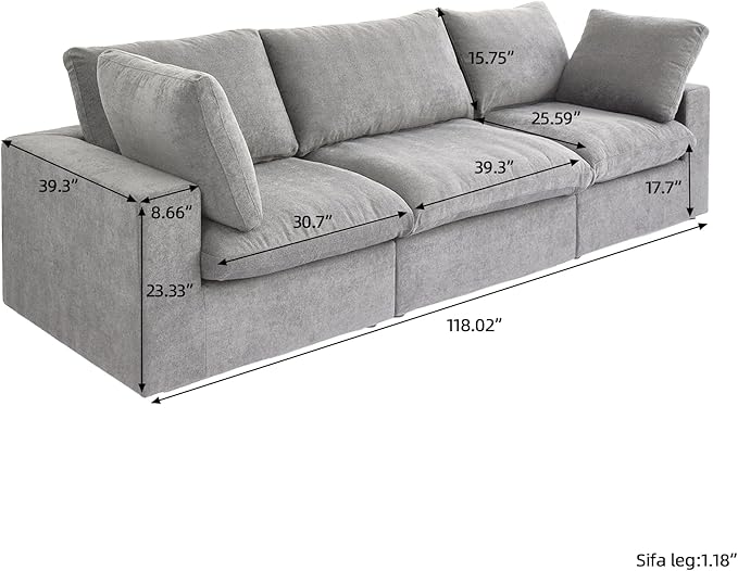 3 SeaterCloud Sectional Couch, Light Grey Modular Sectional Sofa, Modern Comfy Sofa, Covers Removable, Convertible Sleeper Couch for Living Room Apartment (Linen Fabric)