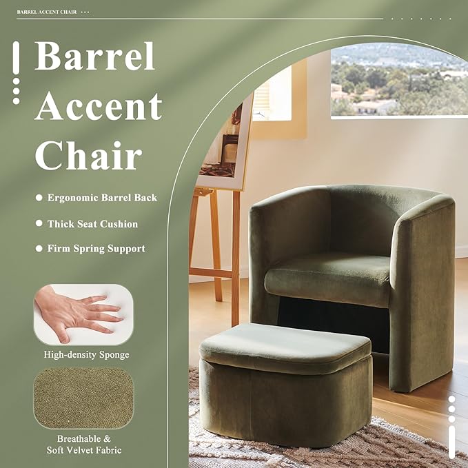 MALOL Mid-Century Velvet Living Room Chair with Storage Ottoman, Space-Saving Accent Chairs for Bedroom/Reading Spaces/Office, Green