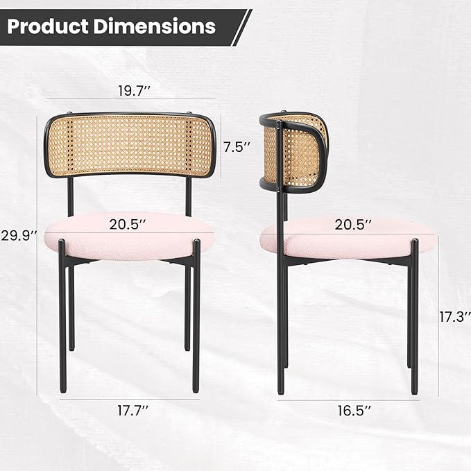 Farini Modern Upholstered Dining Chairs Set of 4,Rattan Back Dining Room Chairs,Accent Kitchen Chairs with Metal Legs,Pink