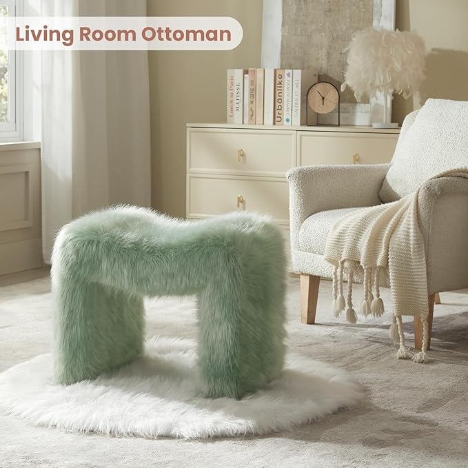 Vanity Stool Chair Small Footstool Ottoman Faux Fur Seating Backless Modern Foot Rest Ottoman Furry for Makeup Room Living Room Bedroom Entryway,Green (Single 1)