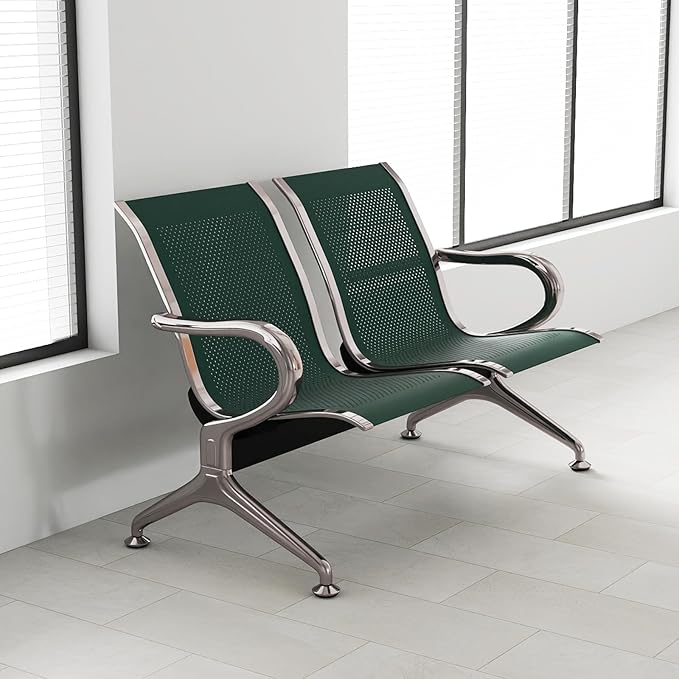 Kinfant 2-Seat Waiting Room Chair - Office Guest Reception Chairs with Ergonomic Backrests, Airport Waiting Bench with Armrests, Metal Waiting Furniture for Hospital, Bank, Salon, Dark Green