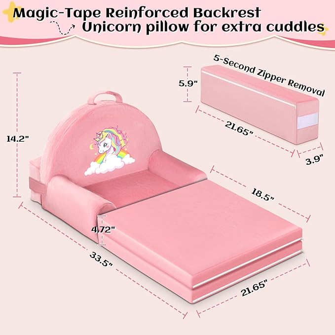 ORWIPO Unicorn Kids Sofa Bed with Removable Washable Cover & Hook and Loop Backrest – Foldable Toddler Chair, Cozy Crystal Velvet Furniture for Playtime, Naps & Travel (Pink, Unicorn Design)