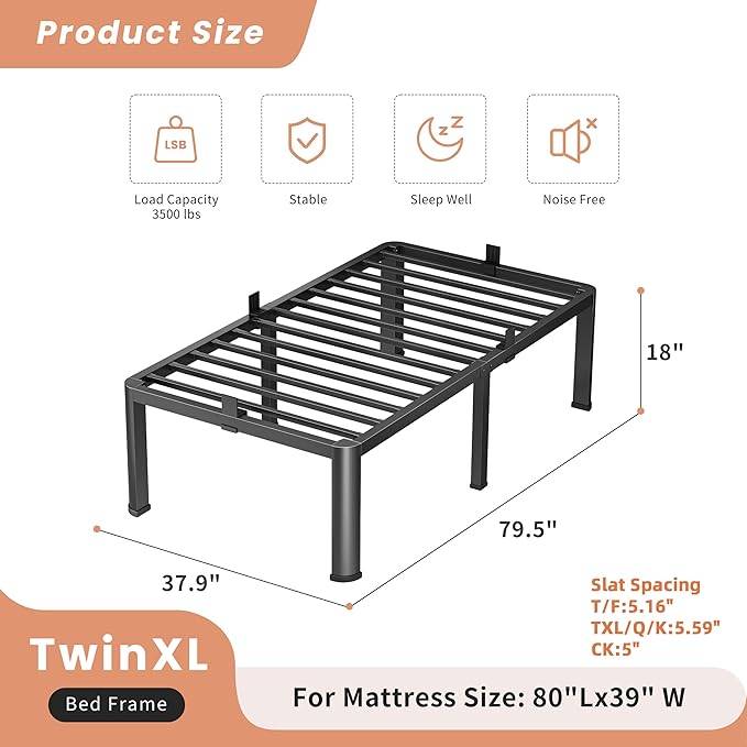 VIPSHOW 18 Inch Twin XL Heavy Duty 3500 lbs Bed Frame with Round-Corner Legs & Anti-Squeak Design – Quick Assembly Metal Platform, No Box Spring Needed