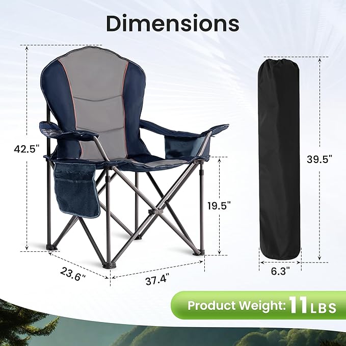 Oversized Camping Chair Heavy Duty 500LB - Portable Folding Chair with Cooler Bag, Cup Holder & Waterproof Phone Case for Adults, Beach, Hiking, Backyard (Blue & Gray, 2 PCS)