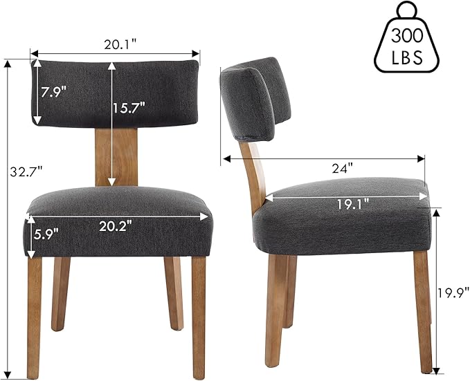KHISCHMO Mid Century Modern Dining Chairs, Upholstered Linen Fabric Chairs with Curved Backrest and Wood Legs, Comfy Kitchen Vanity Chairs for Dining Room/Living Room/Kitchen, Set of 2 Grey