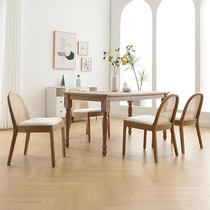 DUOMAY Mid-Century Modern Rattan Dining Chairs Set of 8, Wooden Dining Room Chair with Cane Backrest and Padded Seat, Sherpa Upholstered Dining Chair, Natural Finish, White