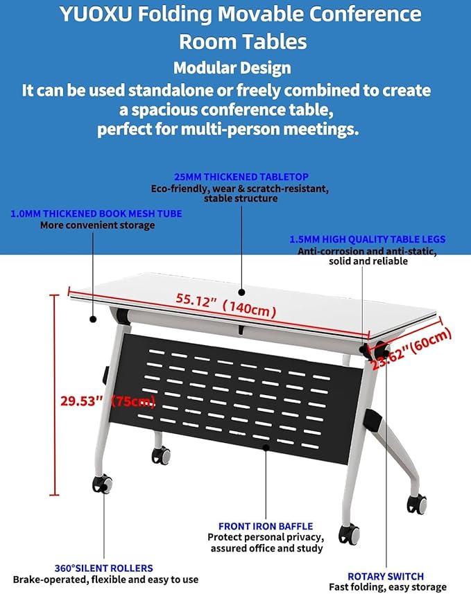 YUOXU Conference Room Table,Folding Conference Table,Flip Top Mobile Desk with Locking Silent Casters-Space Saving Rolling Table for Training Room, Office, Classroom (8, 55.12 * 23.62 * 29.53")