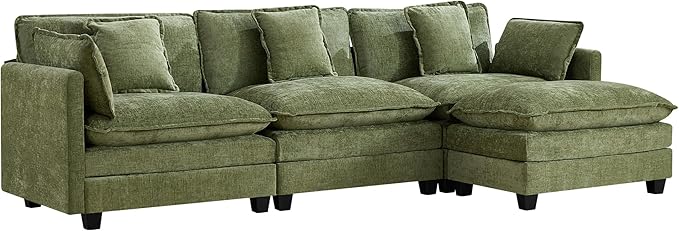 UMBFUN 3-Seater Cloud Couch with Ottoman, Oversized Comfy Modular Sectional L Shaped Sofa with Deep Seats, Chenille Couch for Living Room, Green