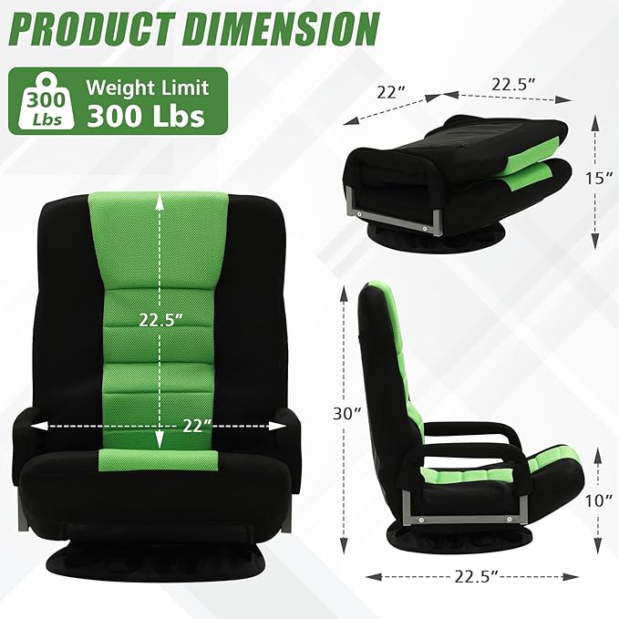 ACIPENSER Swivel Gaming Chair Multipurpose 2PACK Floor Gaming Chair for Playing Video Games, TV, Reading w/Armrest Lumbar Support & 6 Adjustable Postion Backrest for Adults & Kids,Green