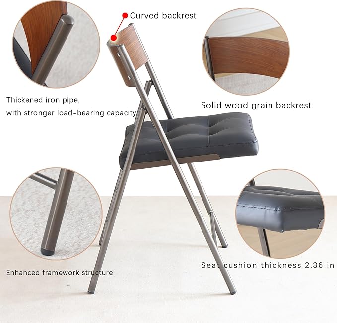 2 Pack Folding Chairs with Thick Padded Seat,Heavy Duty Steel Frame Foldable Dining Chairs with Soft Cushion Set of 2,Portable Indoor Outdoor for Home Kitchen,Office,Events,Wedding(Black)