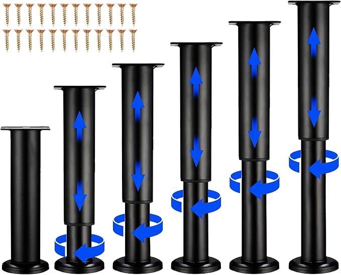 Olldag 6 PCS Adjustable Height Bed Support Legs for Bed Frame/Bed Center Slat, Heavy Duty Furniture Replacement Legs 7.08-12.2 inch for Sofa/Cabinet/Couch/Dresser/Table (Black)