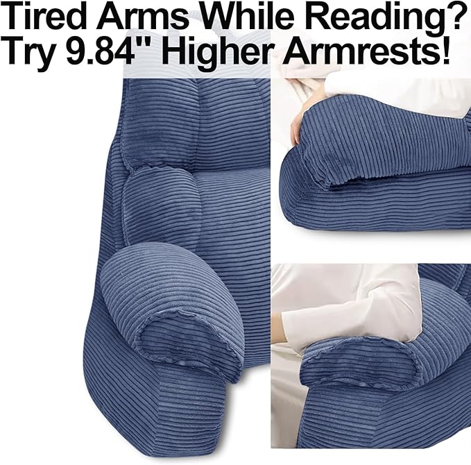 RRPAHWTV Reading Pillow for Bed with High Arm Rests,Back Support Pillow for Sitting Up in Bed with Shredded Memory Foam for Reading, TV, Gaming or Relaxing on Floor（Dark Blue, Small）