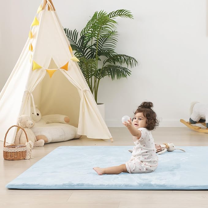 PaPaMat 1.5" Thick Baby Play Mat for Floor, 50x50 Playpen Mat, Pro Soft Flannel Foam Mats Toddler Infant Kids Crawling for Nursery Rug Playroom Living Room Waterproof Easy Care Non-Slip (Baby Blue)