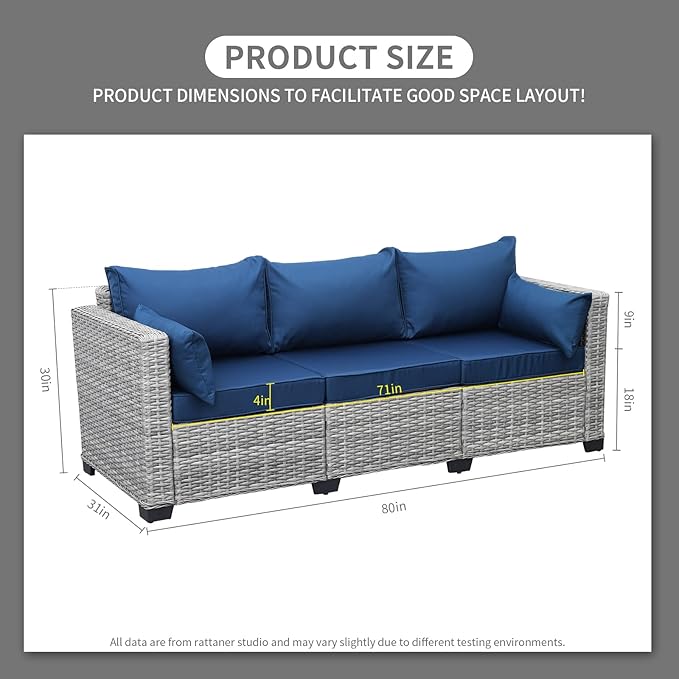 Rattaner Outdoor Furniture Outdoor Couch Grey Wicker Patio Furniture 3-seat Sofa Deep Seat Hight Backrest with Waterproof Cover and Anti-Slip Cushions, Navy Blue