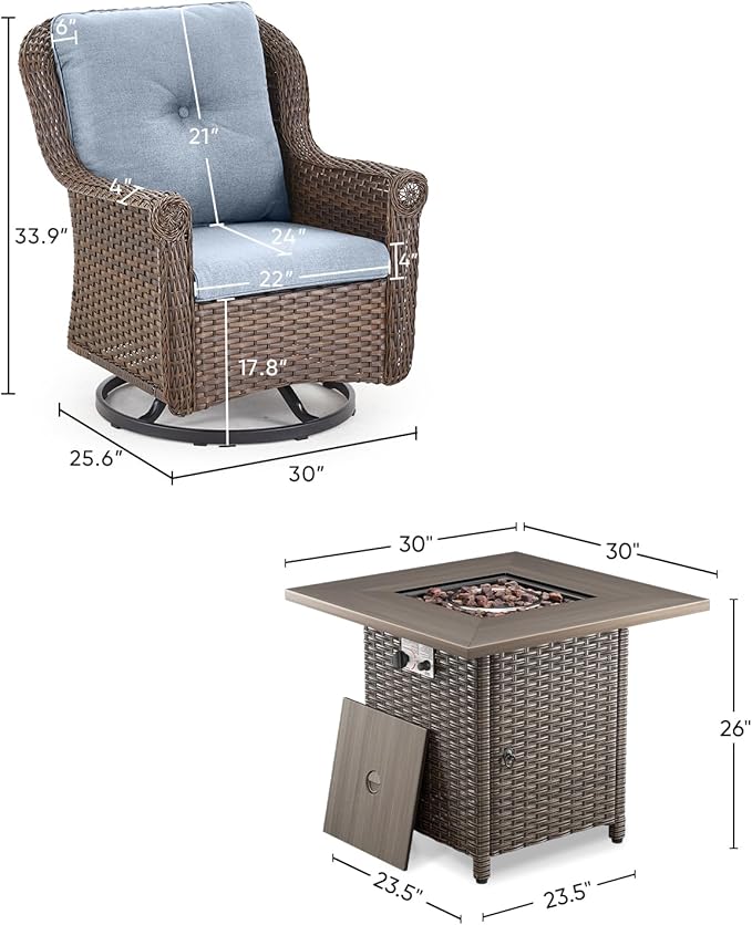 ACTREST Outdoor Patio Swivel Gliders with Fire Pit Table 5 Piece Set - High Back Brown Wicker Rattan Rocking Chair with Thick Cushion for Porch Apartment Deck Yard Poolside Garden - Baby Blue