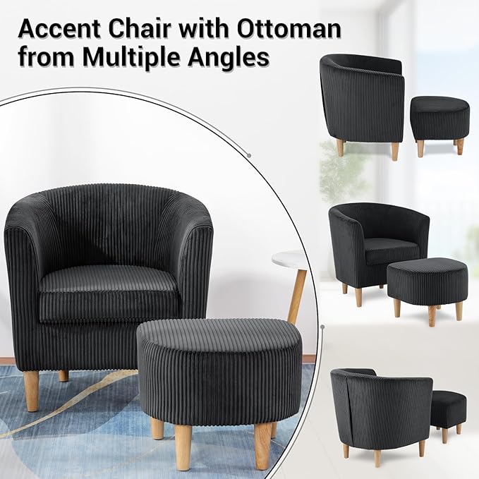 DAZONE Accent Chair, Barrel Chair with Ottoman Comfy Armchair Corduroy Living Room Chairs Mid Century Modern Chair Upholstered Club Tub Sofa Chair for Bedroom Reading Room Charcoal