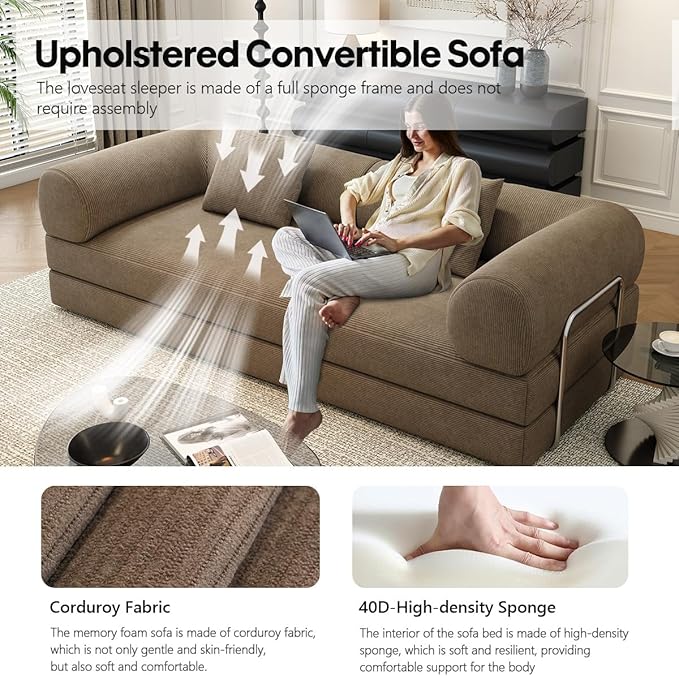 YUODL 78.8" Modular Sofa Bed - 4-in-1 Convertible Design with Corduroy Fabric and High Density Sponge, Removable Cover and Fixed Frame