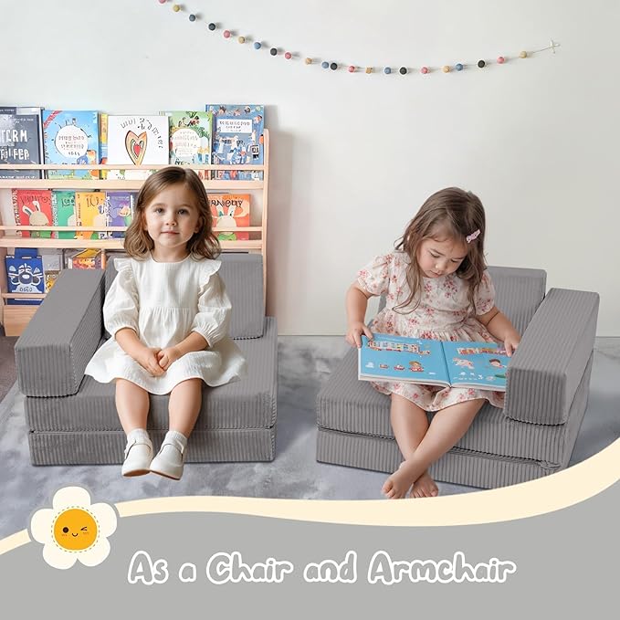 MeMoreCool Kids Modular Play Couch – 10 Piece Corduroy Foam Sofa, Light Grey Convertible Playroom Furniture for Toddlers | Fort Building Set | Washable, Soft & Durable