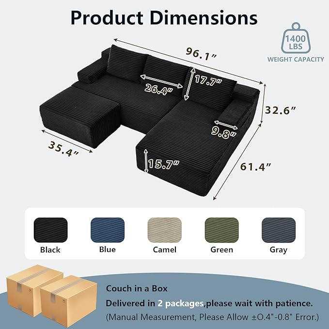 96" W Cloud Sectional Couch with Ottoman,Modern U-Shaped Cloud Couch with Side Pockets,Comfy Corduroy 3-Seater Sofa,Memory Foam Sofa for Living Room,No Assembly (Black,Right-Facing Chaise)