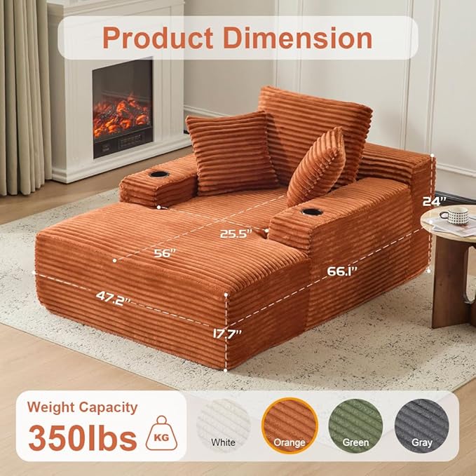 66" Oversized Chaise Lounge Sofa Chair Indoor, Modern Corduroy Single Sleeper Couch Chair with 3 Soft Pillows＆Cup Holder, Boneless Cloud Couch Single Seat Sofa Bed for Living Room Office (Brown)
