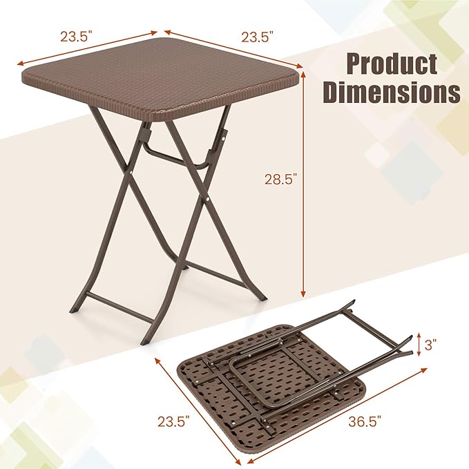 Tangkula 23.5" Square Folding Table, Indoor Outdoor Foldable Plastic Table with Rattan Textured HDPE Tabletop, Sturdy Metal Fame, Carrying Handle, 4 Person Picnic Table for Camping BBQ Party