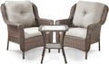 ACTREST 3 Piece Patio Brown Wicker Chairs with Side Table - Outdoor High Back Heavy Duty All-Weather Lawn Dining Rattan Chair Conversation Bistro Set for Deck Porch Balcony Backyard Garden - Beige