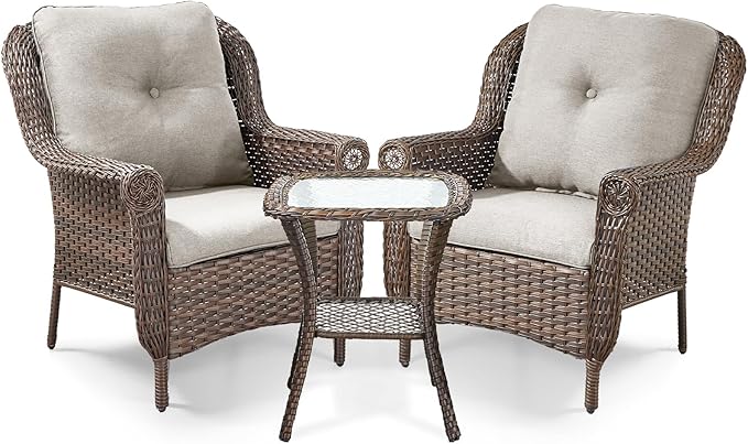 ACTREST 3 Piece Patio Brown Wicker Chairs with Side Table - Outdoor High Back Heavy Duty All-Weather Lawn Dining Rattan Chair Conversation Bistro Set for Deck Porch Balcony Backyard Garden - Beige