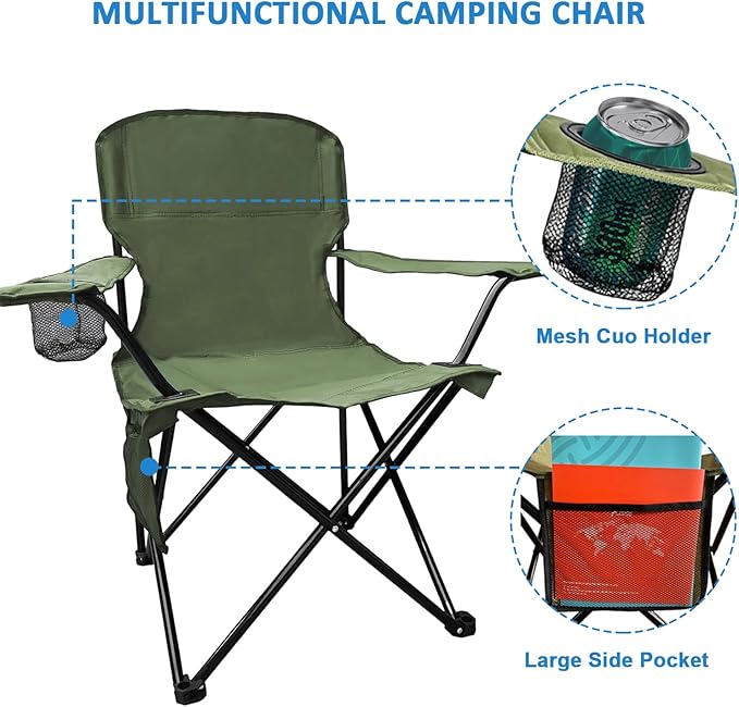 SAILARY Folding Camping Chair with Cup Holder and Cooler Bag, 225lbs Capacity, Upgraded Portable Foldable Chair with Heavy Duty Steel Frame for Outdoor, Beach, Fishing, Backpacking, Green 2PCS