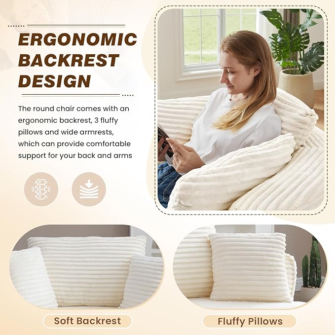 53"W Oversized Round Chaise Longue Chair Indoor,Corduroy Fluffy Comfy Cloud Chair,Circle Bean Bag Sofa with Foam Filling & Pillows,Boneless Reading Cozy Sofa Chairs for Living Room,Bedroom,White