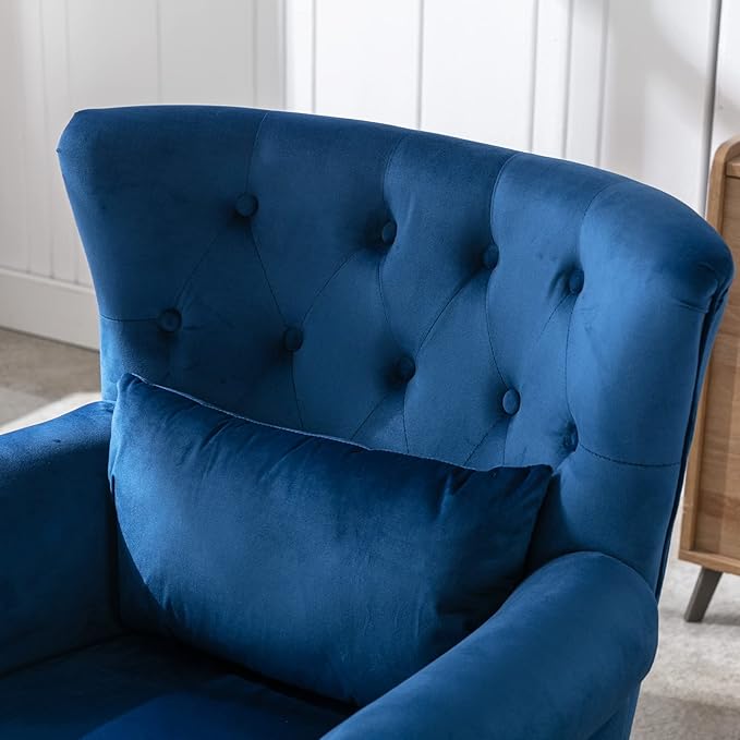 Janoray Mid Century Modern Accent Chair Upholstered Armchair Comfy Velvet Tufted Wingback Single Sofa with Ottoman for Bedroom Living Room, Blue