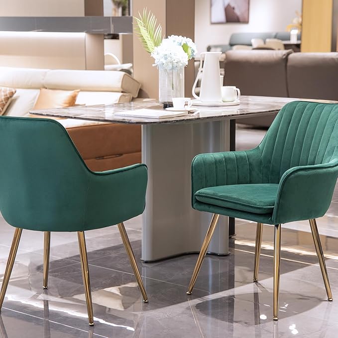 Purgreen Velvet Dining Chair Set of 4 - Modern Mid-Back Accent Chair with Gold Plating Legs - Upholstered Living Room Chair (Velvet Green, Set of 4)